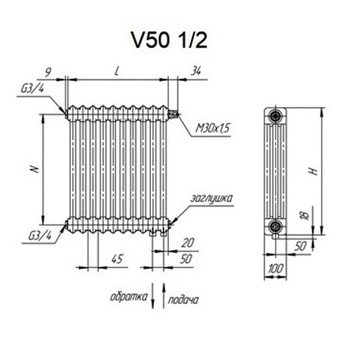 Стальной трубчатый радиатор отопления VELAR 3037 V50 1/2 24 секции нижнее подключение RAL 9016