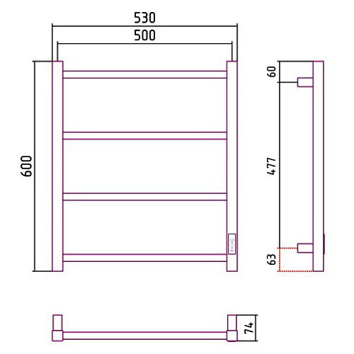 Электрический полотенцесушитель Стилье Формат 26 600х500, правый, матовый белый Электрический полотенцесушитель Стилье Формат 26 600х500, правый, матовый белый