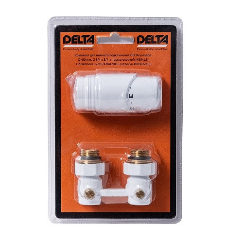 Комплект для нижнего подключения Delta угловой D=50 мм, G 3/4 x 3/4 с термоголовкой M30x1,5 (Белый глянцевый) Комплект для нижнего подключения Delta угловой D=50 мм, G 3/4 x 3/4 с термоголовкой M30x1,5 (Белый глянцевый)
