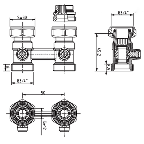 Узел нижнего подключения RIFAR двойной проходной G 3/4" Узел нижнего подключения RIFAR двойной проходной G 3/4"